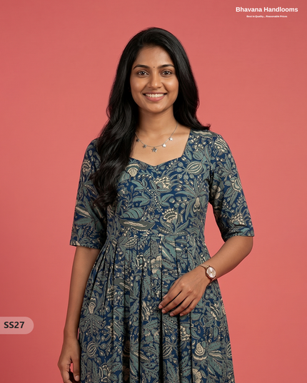 Kalamkari Design Frock – Deep Prussian Blue Colour | Handloom Ethnic Wear with Half Lining