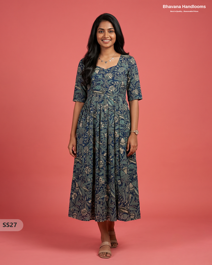 Kalamkari Design Frock – Deep Prussian Blue Colour | Handloom Ethnic Wear with Half Lining
