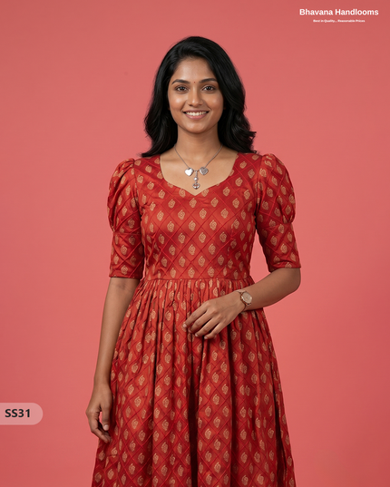 Pintex Design Cotton Frock with Knots in Red Colour | Elegant Women’s Everyday Wear Dress