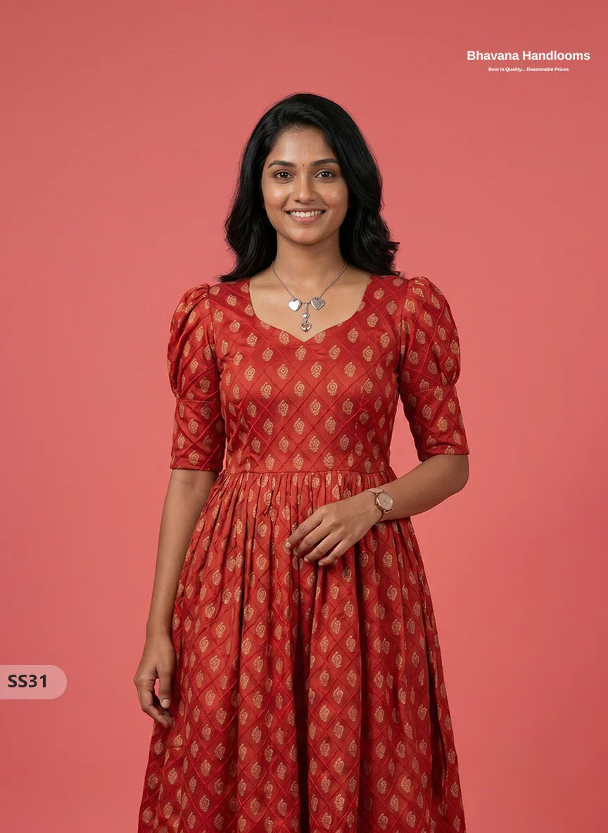 Pintex Design Cotton Frock with Knots in Red Colour | Elegant Women’s Everyday Wear Dress