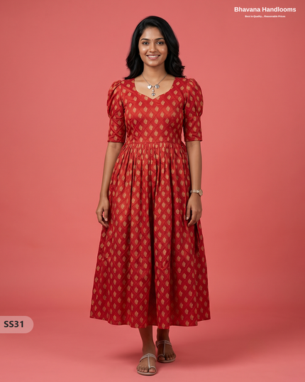 Pintex Design Cotton Frock with Knots in Red Colour | Elegant Women’s Everyday Wear Dress