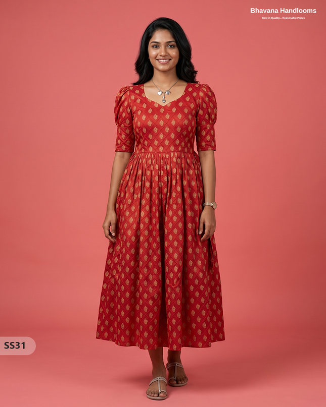 Pintex Design Cotton Frock with Knots in Red Colour | Elegant Women’s Everyday Wear Dress