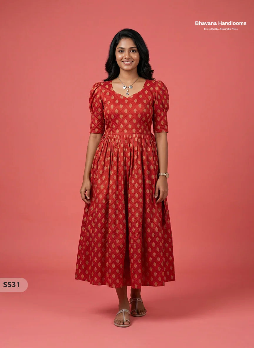 Pintex Design Cotton Frock with Knots in Red Colour | Elegant Women’s Everyday Wear Dress