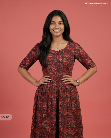 Kalamkari Design Frock – Burgundy Maroon Colour | Handloom Ethnic Wear with Half Lining