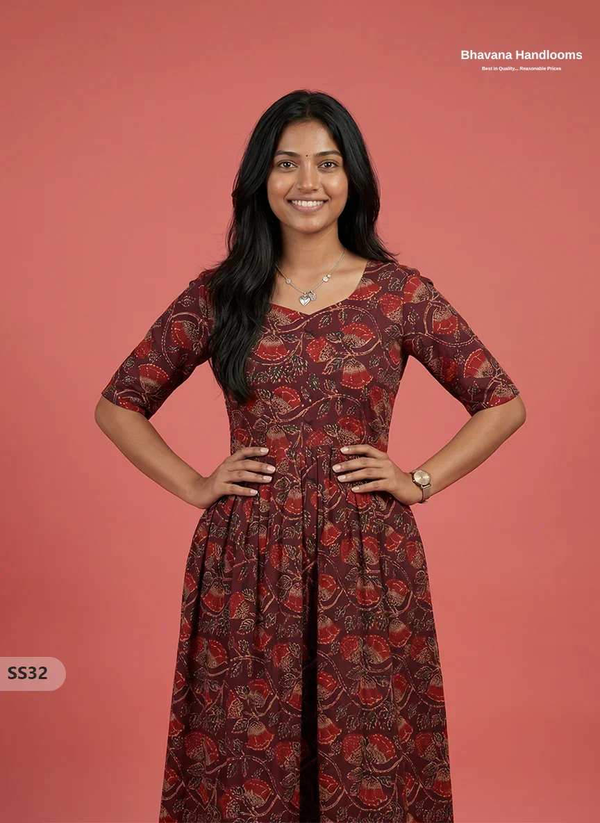 Kalamkari Design Frock – Burgundy Maroon Colour | Handloom Ethnic Wear with Half Lining