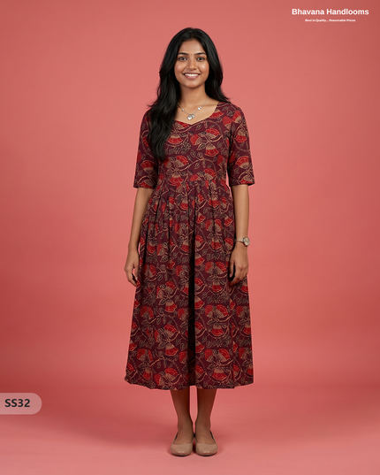 Kalamkari Design Frock – Burgundy Maroon Colour | Handloom Ethnic Wear with Half Lining