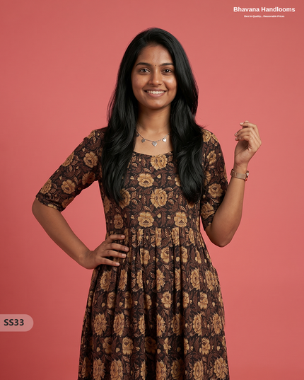 Kalamkari Design Frock – Dark Chocolate Brown Colour | Handloom Ethnic Wear with Half Lining