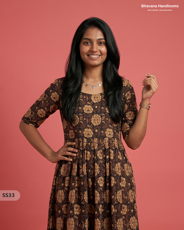 Kalamkari Design Frock – Dark Chocolate Brown Colour | Handloom Ethnic Wear with Half Lining
