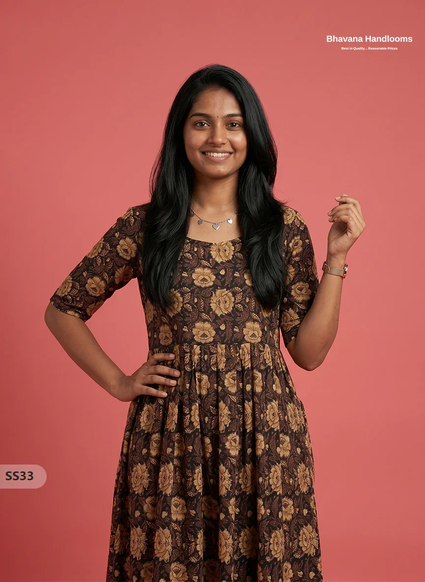 Kalamkari Design Frock – Dark Chocolate Brown Colour | Handloom Ethnic Wear with Half Lining