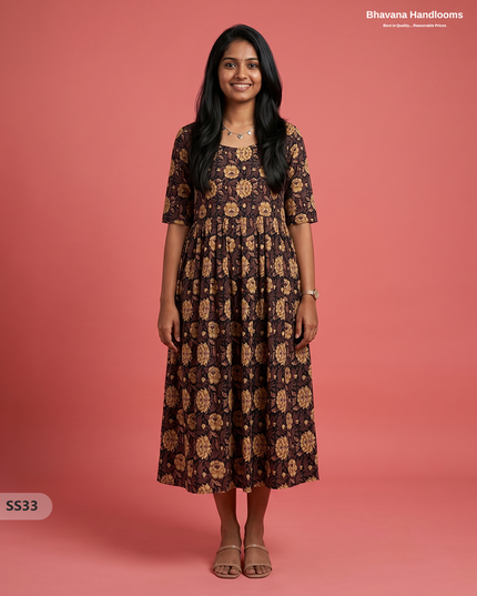 Kalamkari Design Frock – Dark Chocolate Brown Colour | Handloom Ethnic Wear with Half Lining