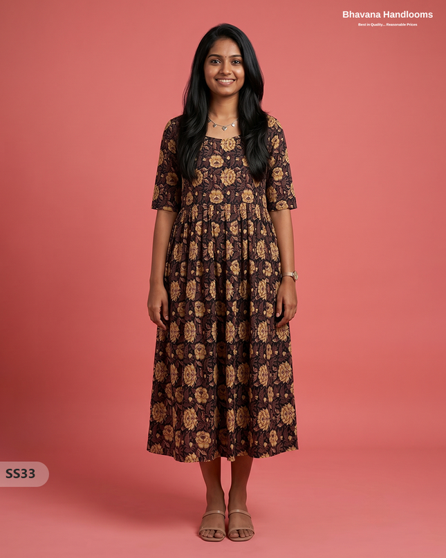 Kalamkari Design Frock – Dark Chocolate Brown Colour | Handloom Ethnic Wear with Half Lining