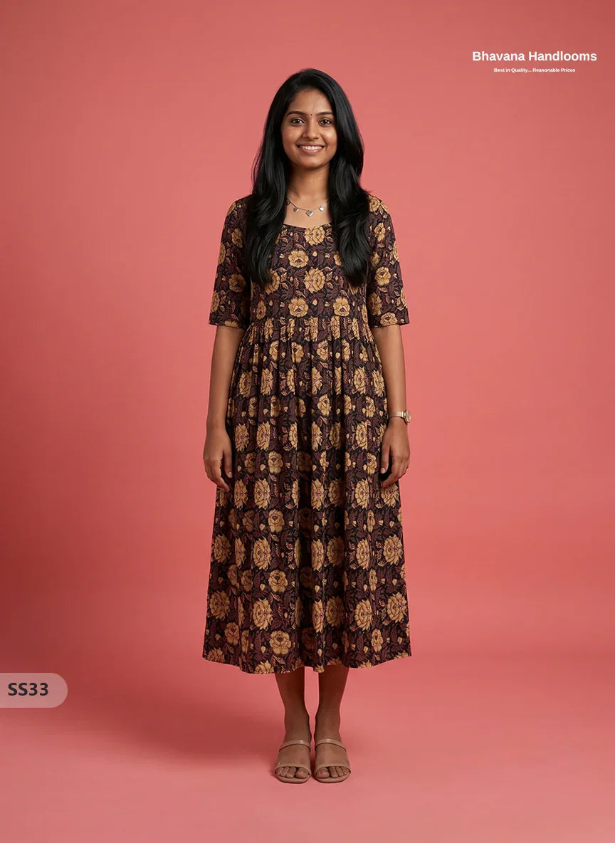 Kalamkari Design Frock – Dark Chocolate Brown Colour | Handloom Ethnic Wear with Half Lining