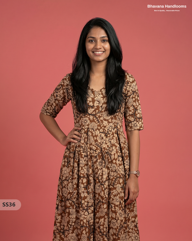 Kalamkari Design Frock – Chocolate Brown Colour | Handloom Ethnic Wear with Half Lining