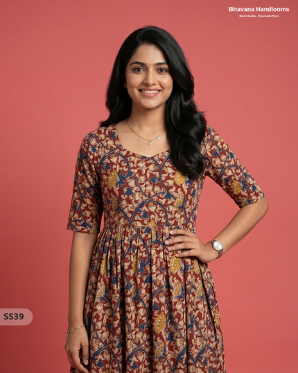 Kalamkari Design Frock – Brick Red Colour | Handloom Ethnic Wear with Half Lining