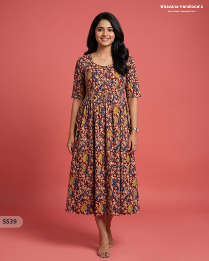Kalamkari Design Frock – Brick Red Colour | Handloom Ethnic Wear with Half Lining