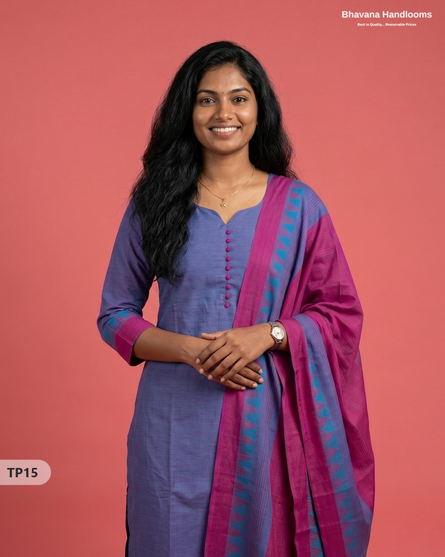 Mangalagiri Cotton 3PC Set with Full-Length Lining & Elastic Pocket Bottom – Dusty Lavender & Blue Double Weave