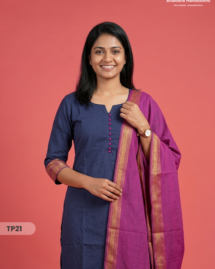 Mangalagiri Cotton 3PC Kurti Set with Potli Balls & Thread Border | Navy Blue Colour