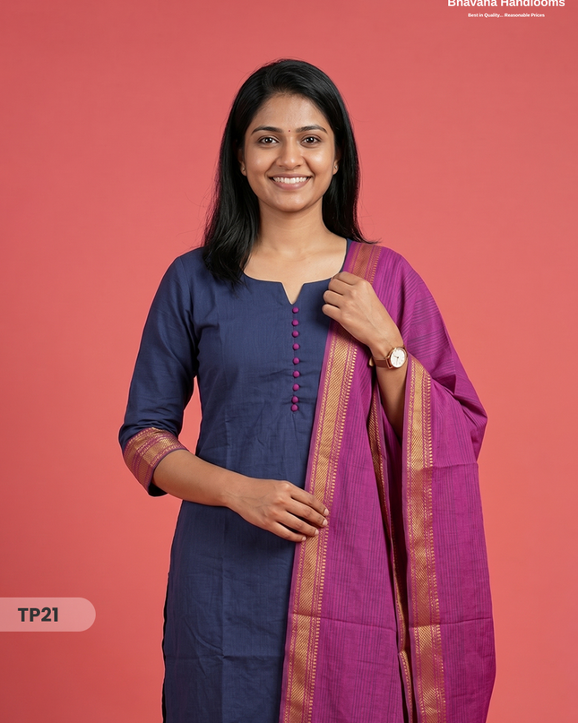 Mangalagiri Cotton 3PC Kurti Set with Potli Balls & Thread Border | Navy Blue Colour