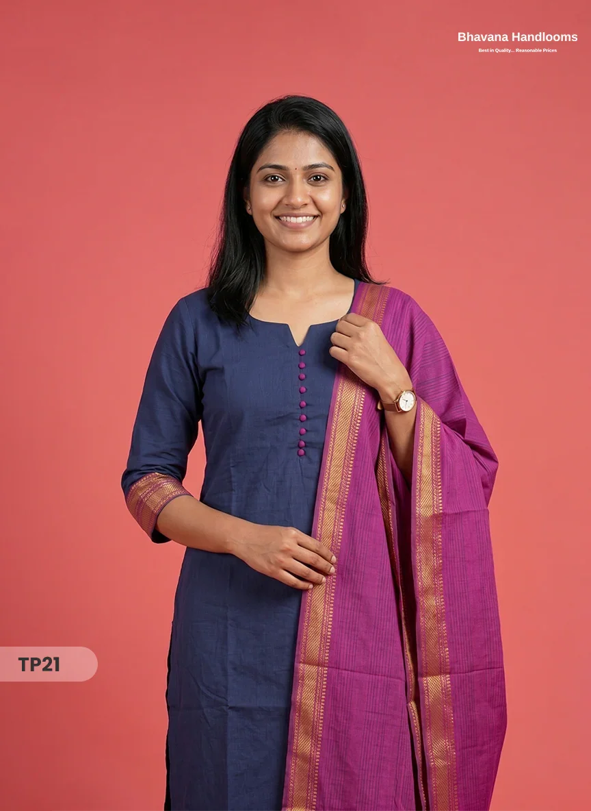 Mangalagiri Cotton 3PC Kurti Set with Potli Balls & Thread Border | Navy Blue Colour