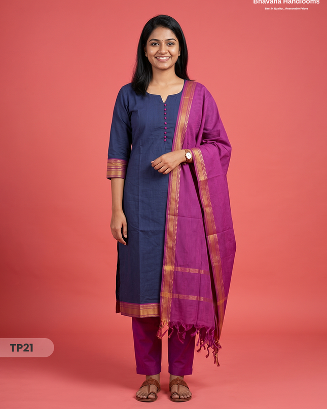 Mangalagiri Cotton 3PC Kurti Set with Potli Balls & Thread Border | Navy Blue Colour
