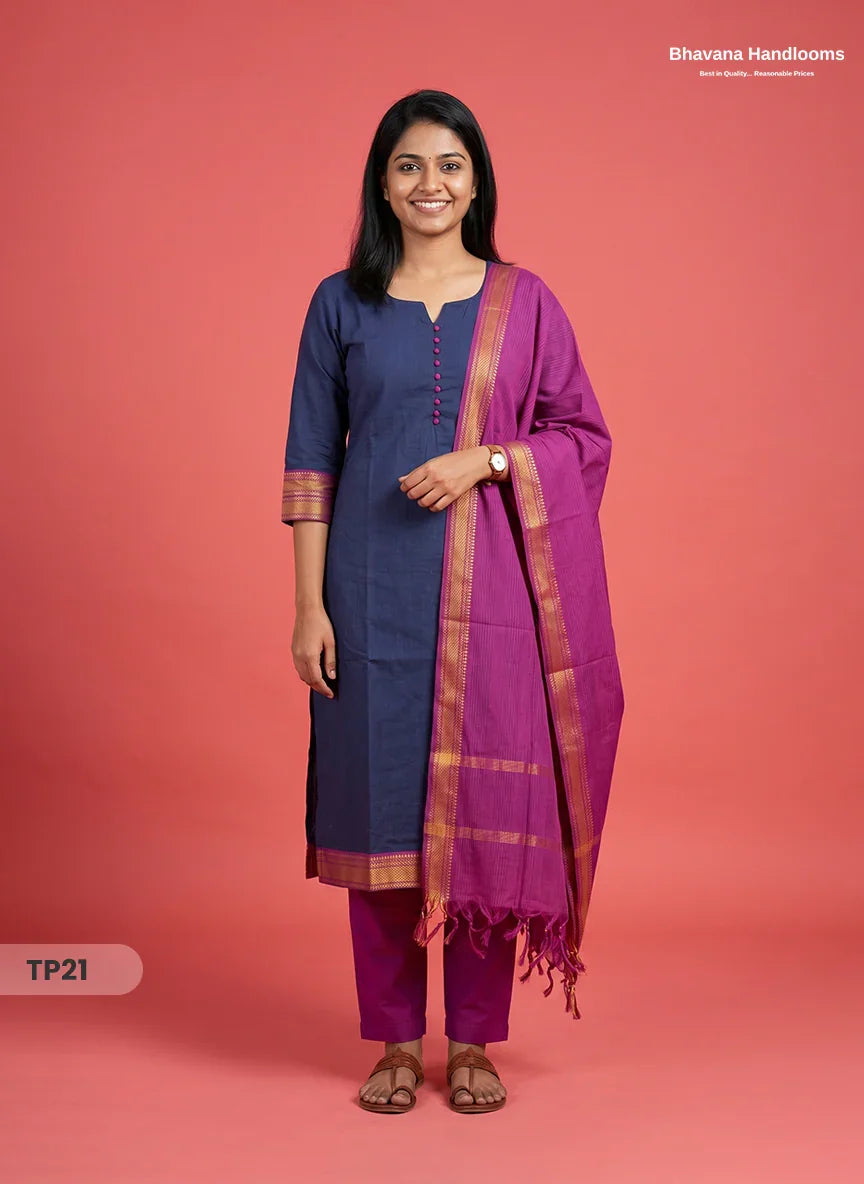 Mangalagiri Cotton 3PC Kurti Set with Potli Balls & Thread Border | Navy Blue Colour