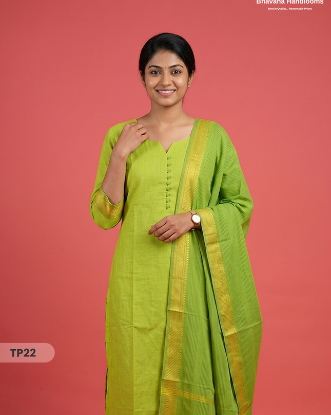 Mangalagiri Cotton 3PC Kurti Set with Potli Balls & Thread Border | Green & Yellow Double Weave