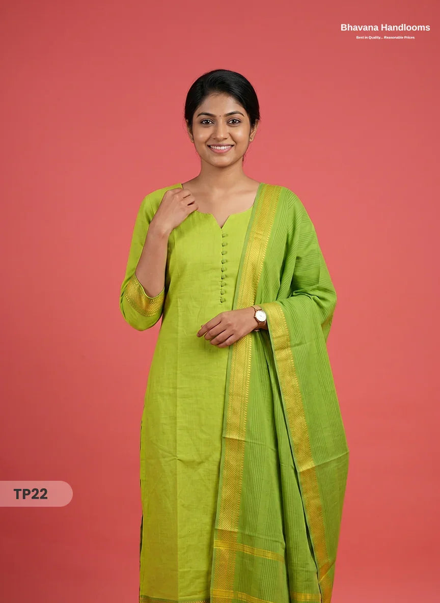 Mangalagiri Cotton 3PC Kurti Set with Potli Balls & Thread Border | Green & Yellow Double Weave