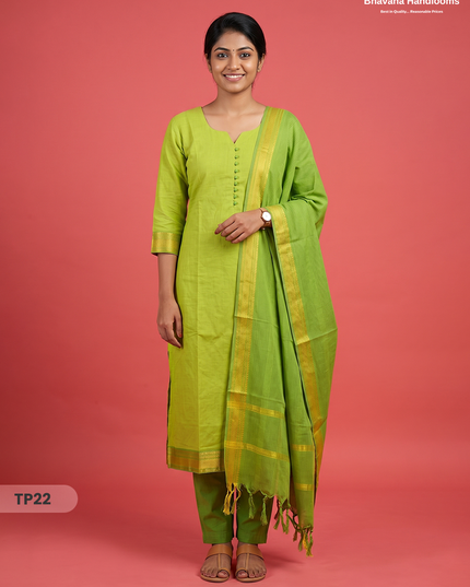 Mangalagiri Cotton 3PC Kurti Set with Potli Balls & Thread Border | Green & Yellow Double Weave