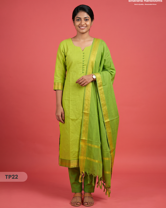 Mangalagiri Cotton 3PC Kurti Set with Potli Balls & Thread Border | Green & Yellow Double Weave