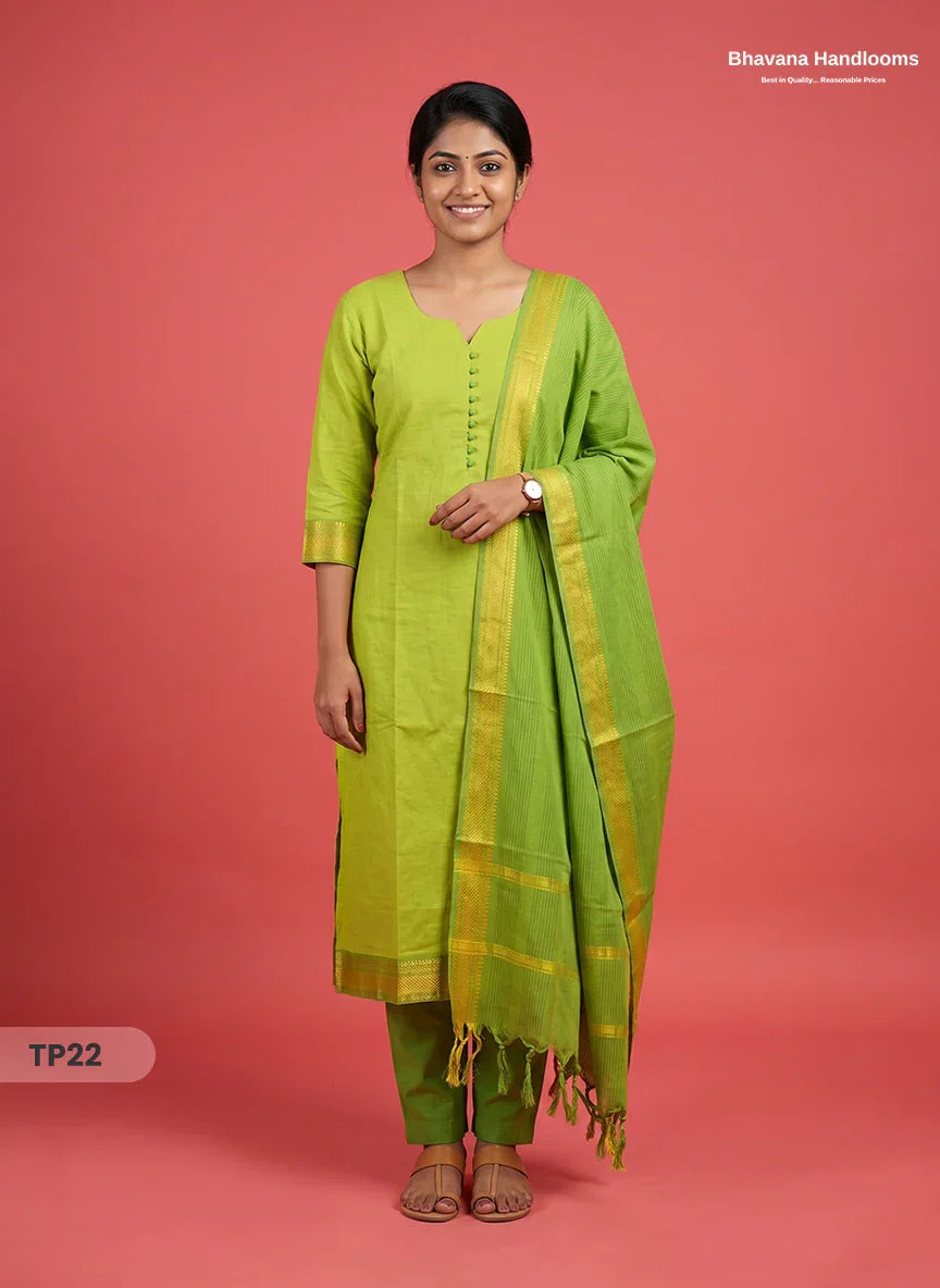 Mangalagiri Cotton 3PC Kurti Set with Potli Balls & Thread Border | Green & Yellow Double Weave