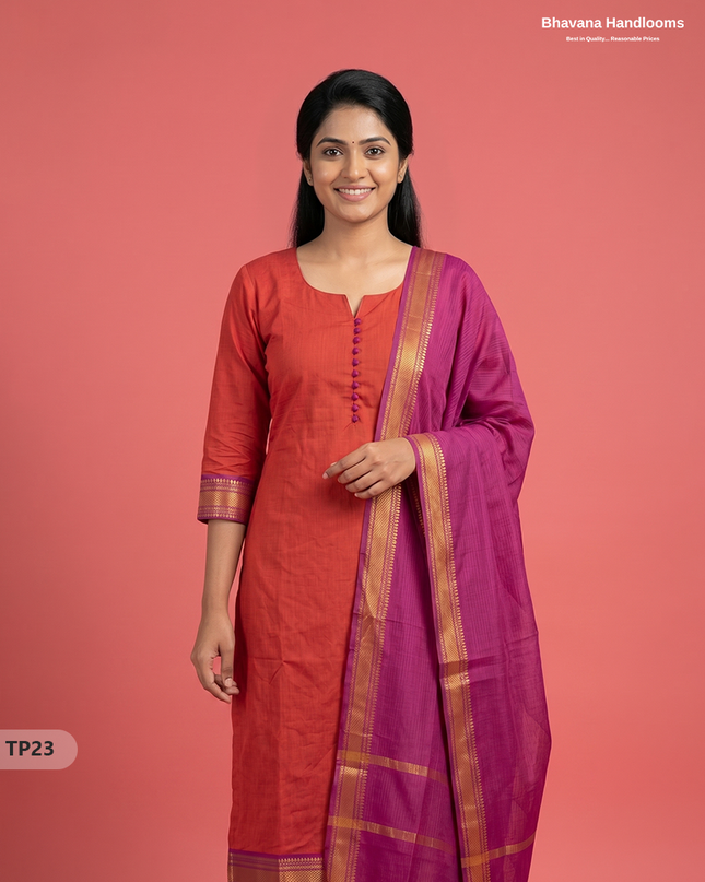Mangalagiri Cotton 3PC Kurti Set with Potli Balls & Thread Border | Orange & Purple Double Weave