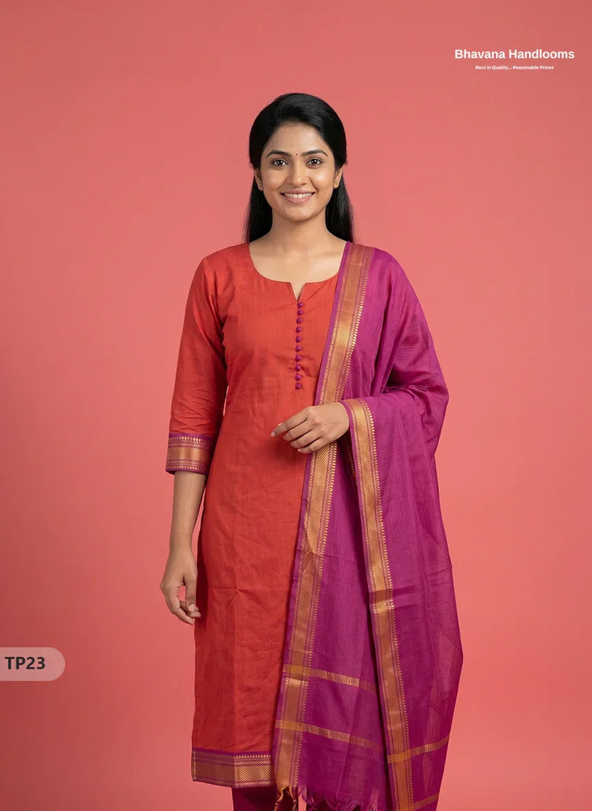 Mangalagiri Cotton 3PC Kurti Set with Potli Balls & Thread Border | Orange & Purple Double Weave