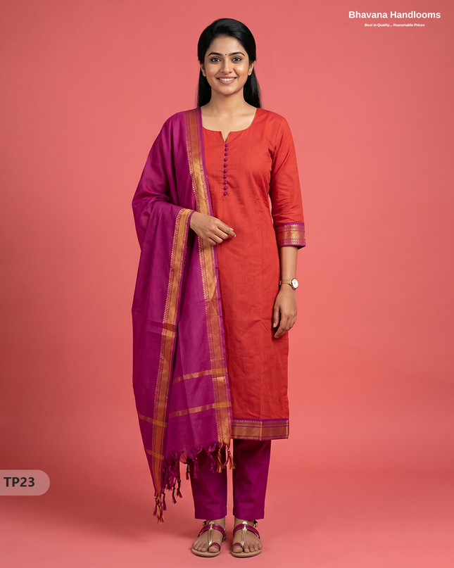 Mangalagiri Cotton 3PC Kurti Set with Potli Balls & Thread Border | Orange & Purple Double Weave