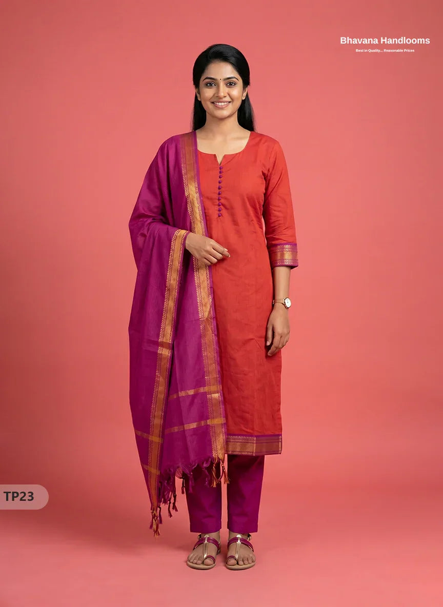 Mangalagiri Cotton 3PC Kurti Set with Potli Balls & Thread Border | Orange & Purple Double Weave
