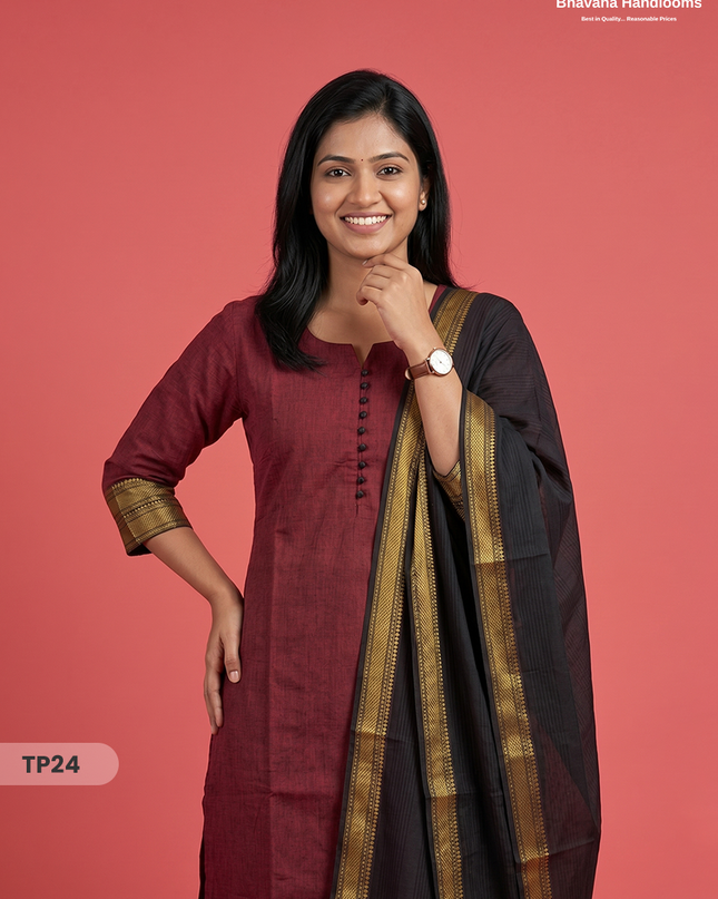 Mangalagiri Cotton 3PC Kurti Set with Potli Balls & Thread Border | Black & Red Double Weave
