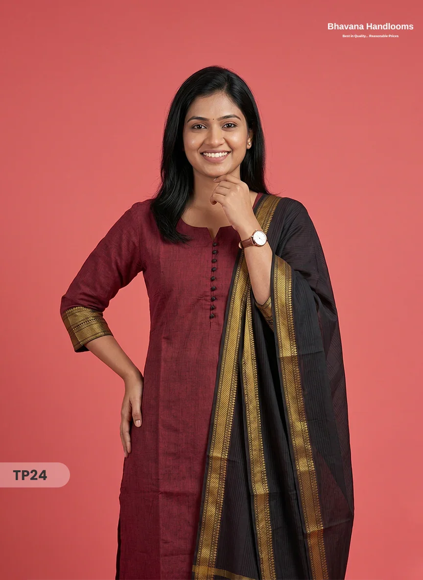Mangalagiri Cotton 3PC Kurti Set with Potli Balls & Thread Border | Black & Red Double Weave