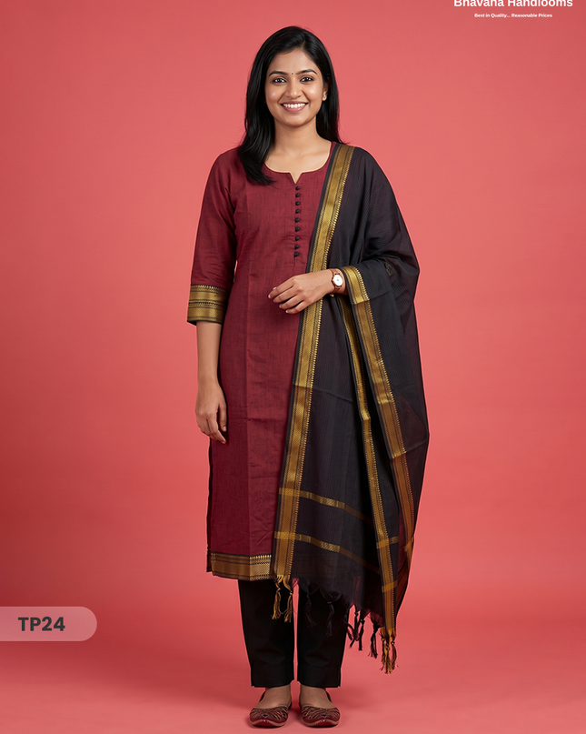 Mangalagiri Cotton 3PC Kurti Set with Potli Balls & Thread Border | Black & Red Double Weave