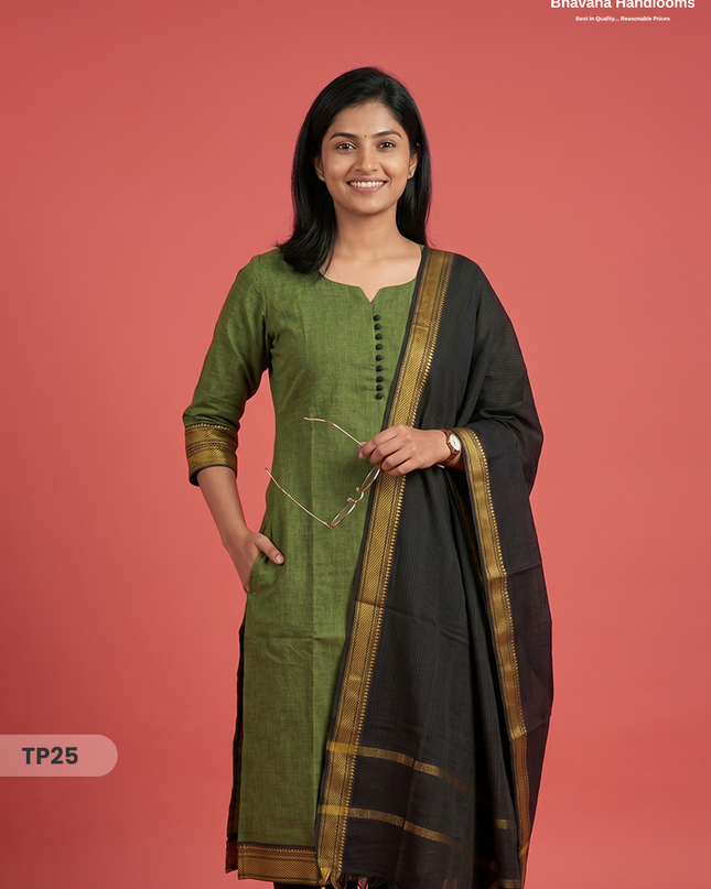Mangalagiri Cotton 3PC Kurti Set with Potli Balls & Thread Border | Black & Pesara Green Double Weave