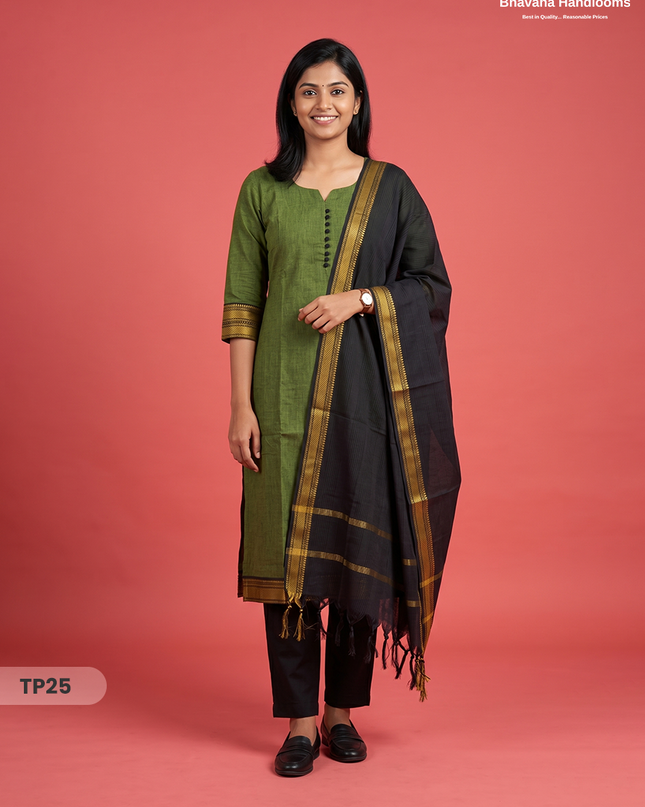 Mangalagiri Cotton 3PC Kurti Set with Potli Balls & Thread Border | Black & Pesara Green Double Weave