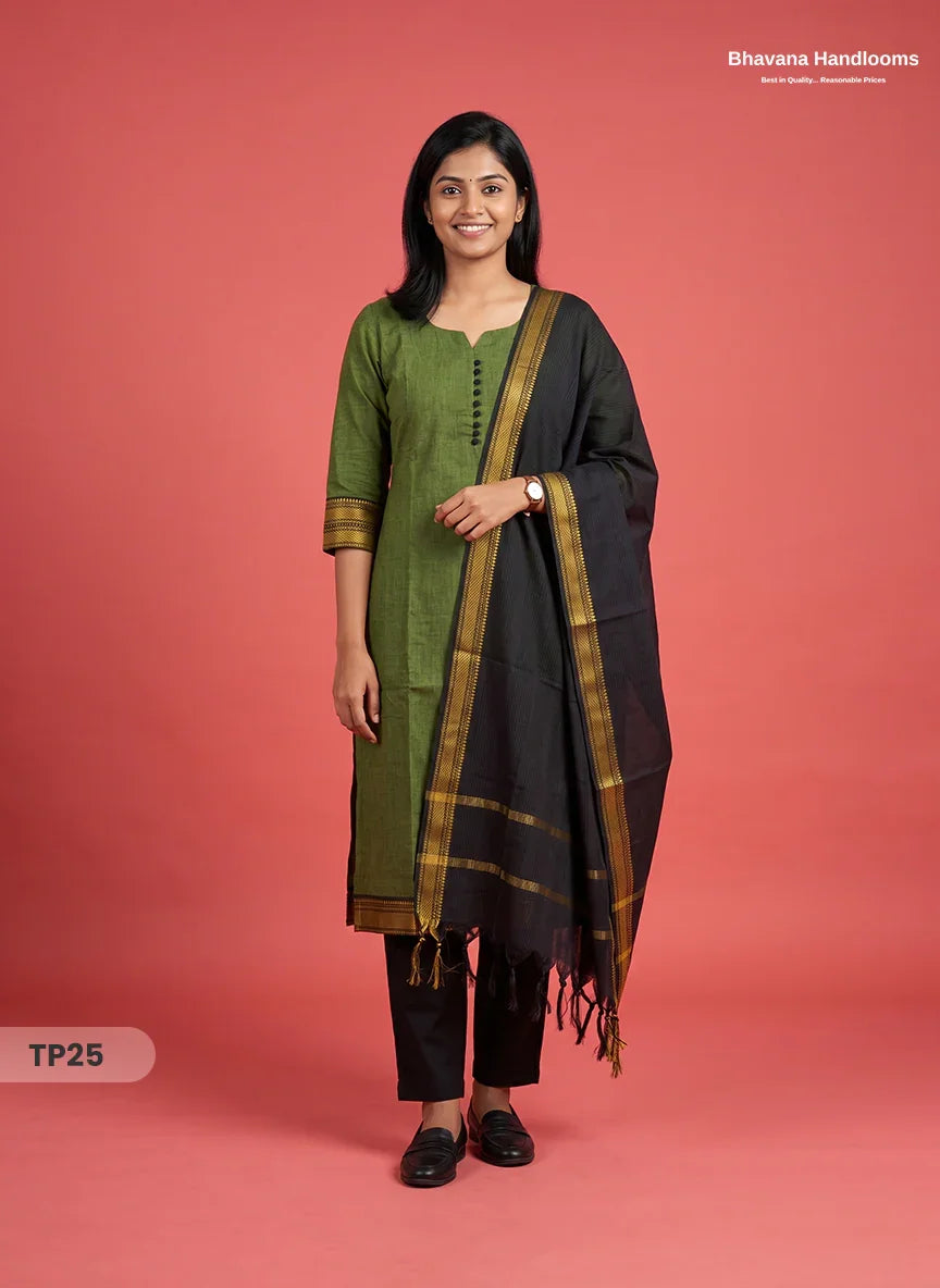 Mangalagiri Cotton 3PC Kurti Set with Potli Balls & Thread Border | Black & Pesara Green Double Weave