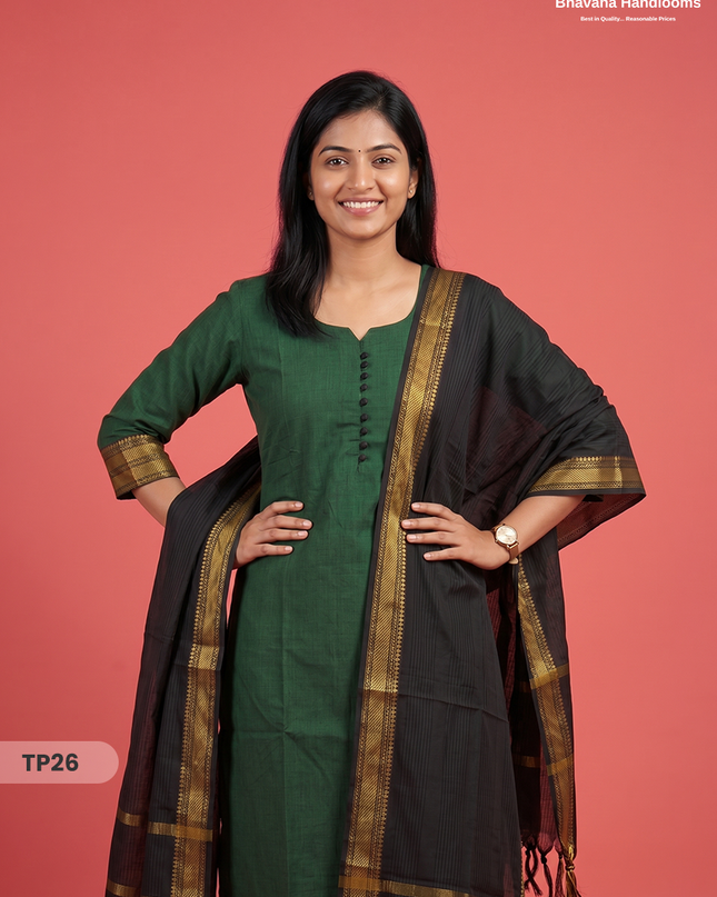 Mangalagiri Cotton 3PC Kurti Set with Potli Balls & Thread Border | Dark Green & Black Double Weave