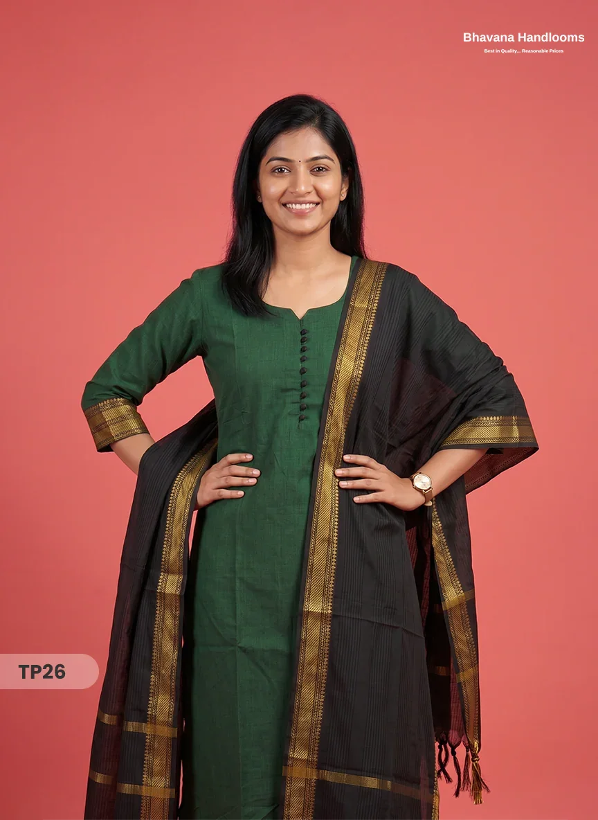 Mangalagiri Cotton 3PC Kurti Set with Potli Balls & Thread Border | Dark Green & Black Double Weave