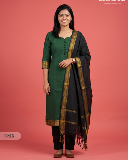 Mangalagiri Cotton 3PC Kurti Set with Potli Balls & Thread Border | Dark Green & Black Double Weave