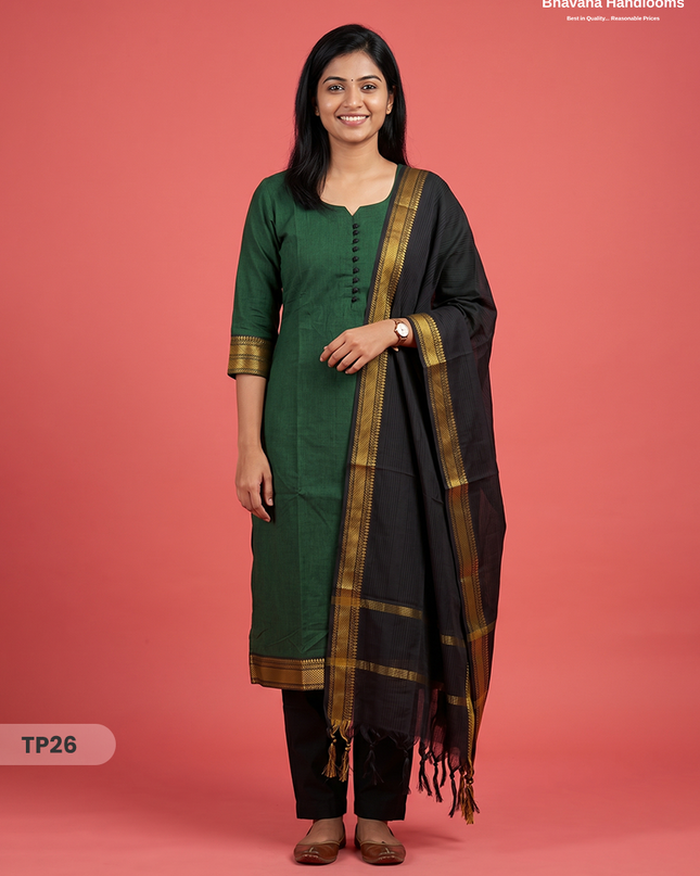 Mangalagiri Cotton 3PC Kurti Set with Potli Balls & Thread Border | Dark Green & Black Double Weave