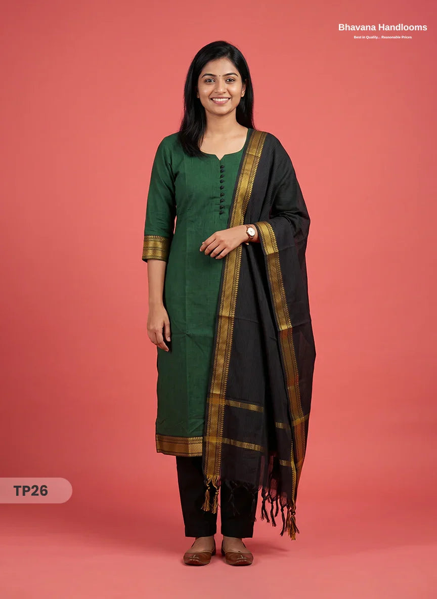 Mangalagiri Cotton 3PC Kurti Set with Potli Balls & Thread Border | Dark Green & Black Double Weave