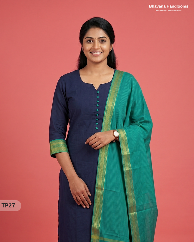 Mangalagiri Cotton 3PC Kurti Set with Potli Balls & Thread Border | Navy Blue Colour
