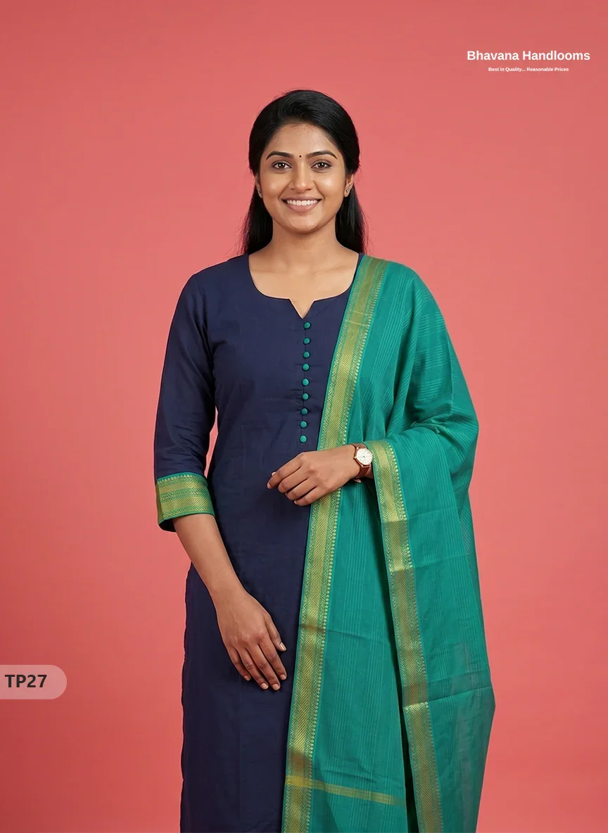Mangalagiri Cotton Kurti Set with Potli Balls & Thread Border | Navy Blue Colour