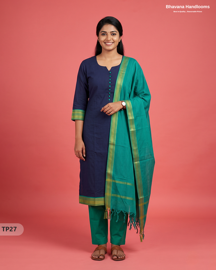 Mangalagiri Cotton 3PC Kurti Set with Potli Balls & Thread Border | Navy Blue Colour