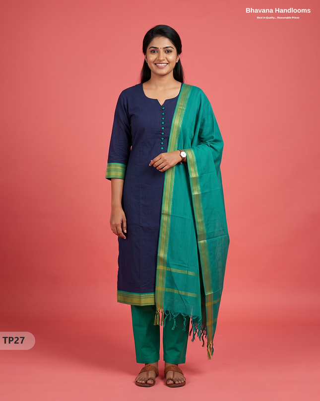 Mangalagiri Cotton 3PC Kurti Set with Potli Balls & Thread Border | Navy Blue Colour