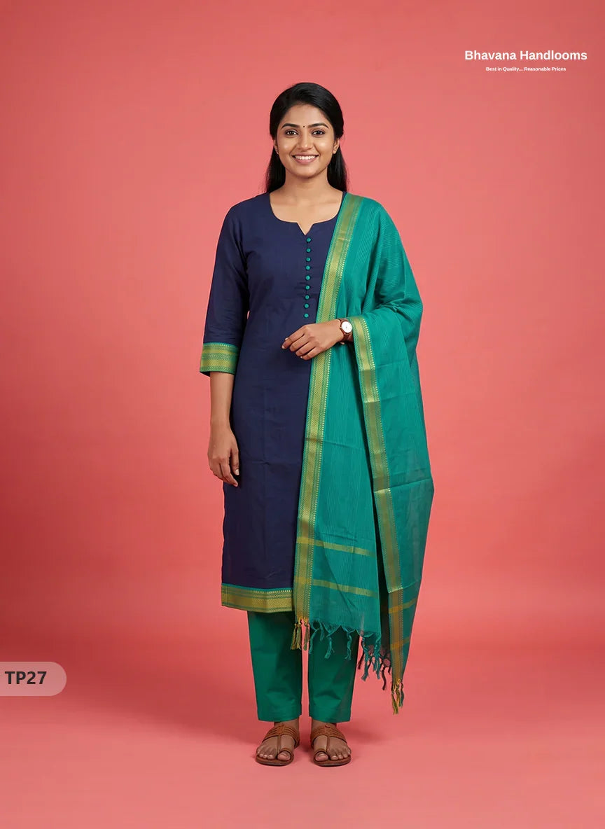 Mangalagiri Cotton Kurti Set with Potli Balls & Thread Border | Navy Blue Colour